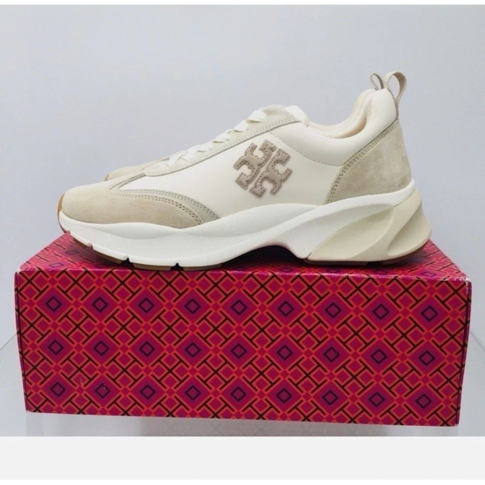 (38)Tory Burch Good Luck Trainer Sneakers - Ivory/ Toupe- Women's Size 13 M